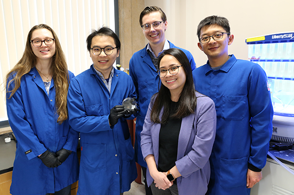 The research team includes, from left, Natalie Celt, Ze-Fan Yao, Emil Lundqvist, Ardoña and Yuyao Kuang.
