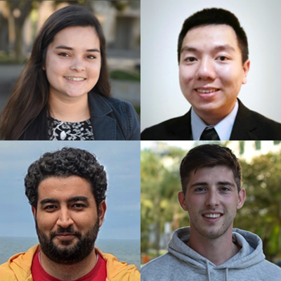 The 2023-24 UCI-LANL-SoCalHub Fellows, clockwise from top left, are Esther Hessong, Weilin Guan, Joan Vendrell Gallart and Tohid Rajaei Moosavy.