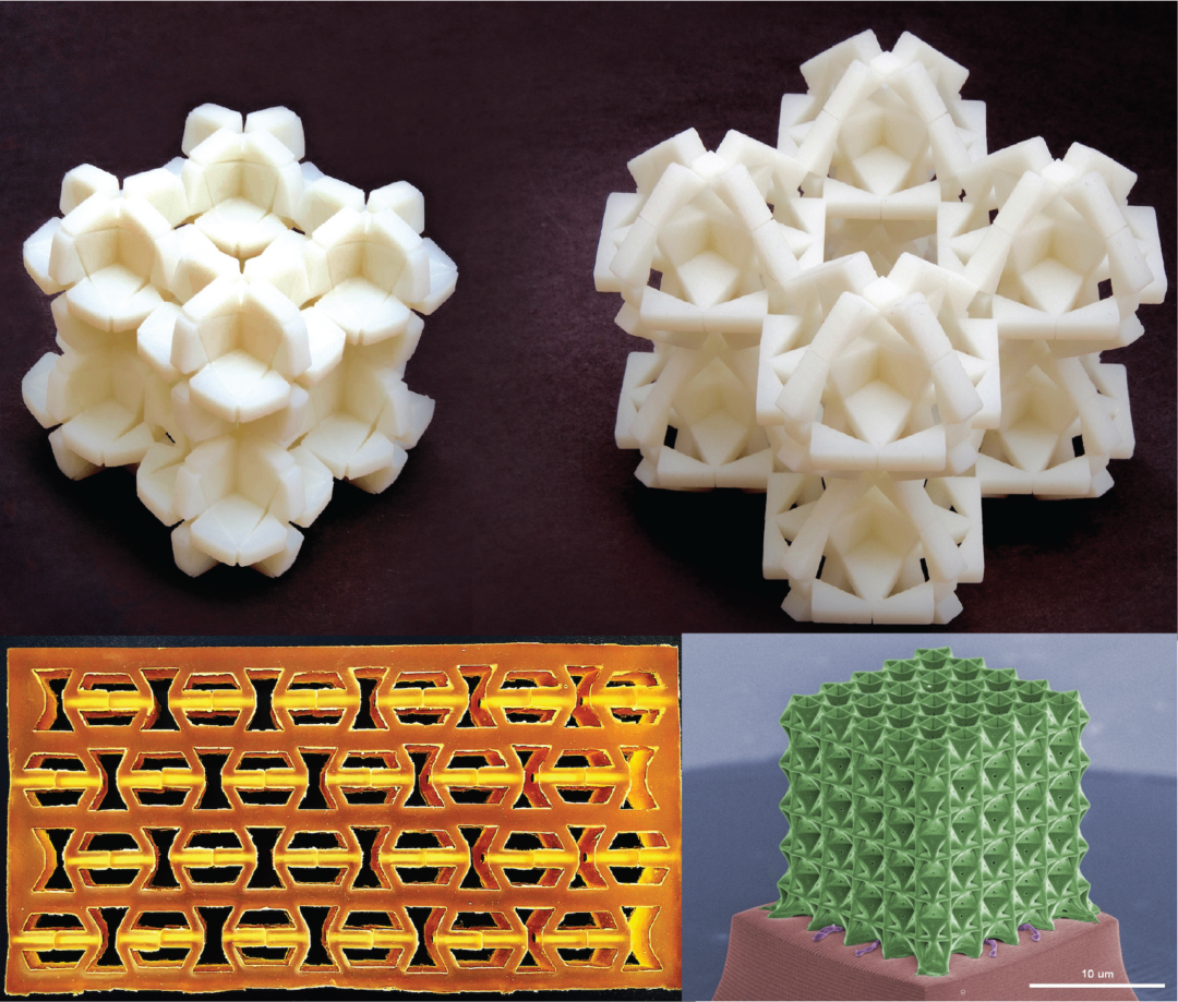 Examples of metamaterial structures developed by Lorenzo Valdevit at the University of California, Irvine. Metamaterials are specially engineered solids with periodic patterns that exhibit properties not found in natural materials. Valdevit is exploring how metamaterials can be designed to interact with airflow frequencies — a new application of the technology. Image courtesy of Lorenzo Valdevit